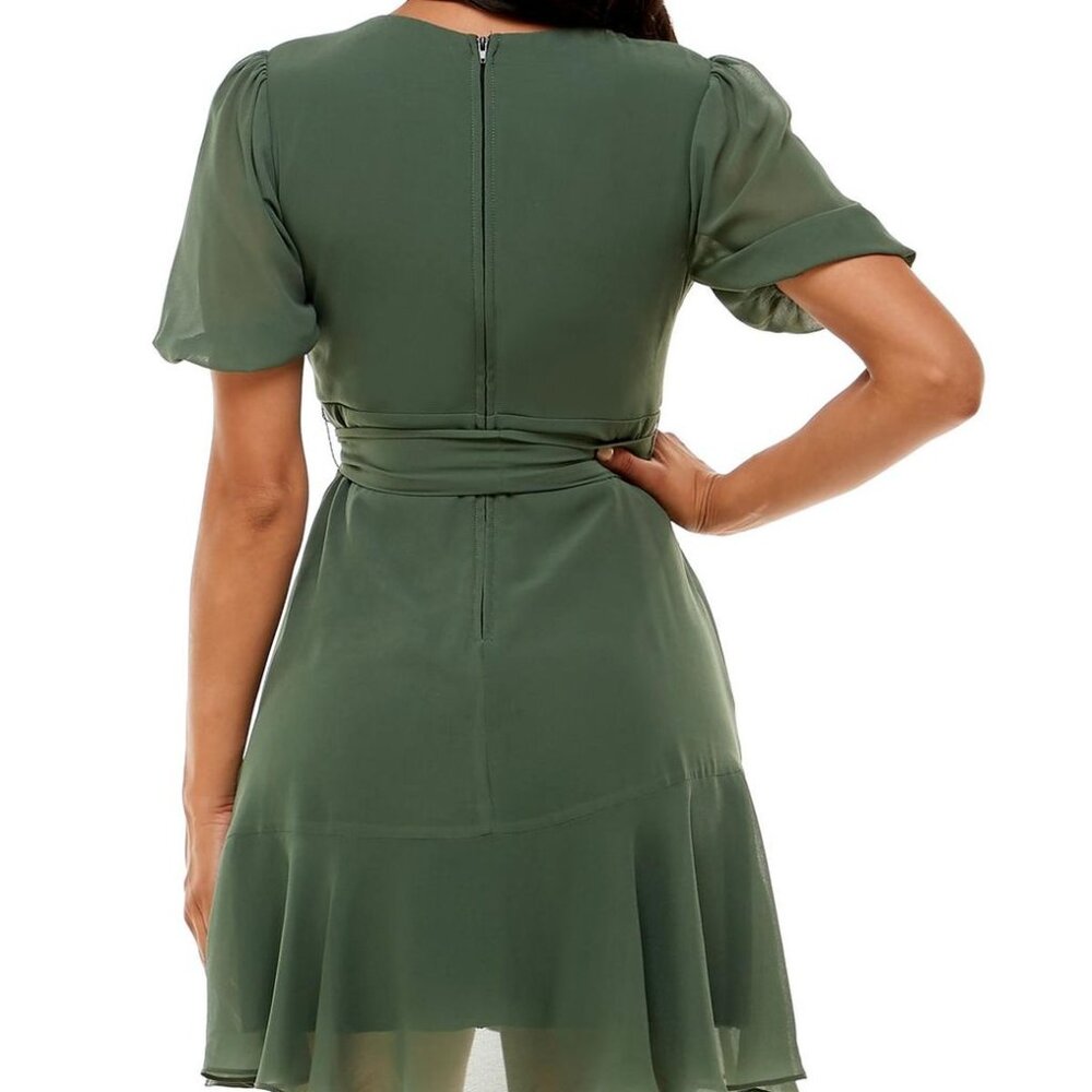 B Darlin Juniors Puff Sleeve A-line Olive Green Dress Size 13/14 - Picture 2 of 2